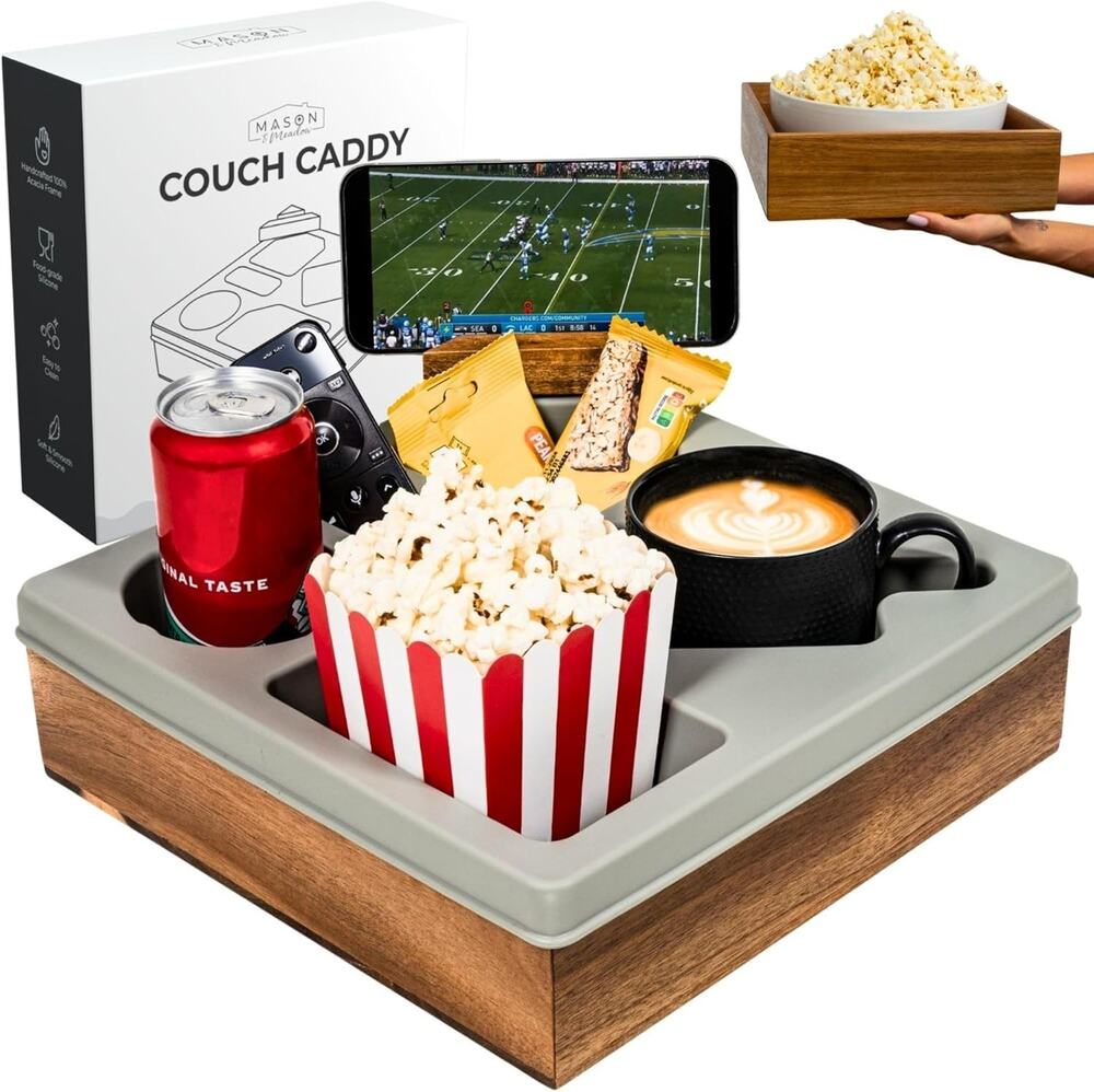 Mason & Meadow Couch Caddy Silicone Lined Acacia Wood NIB